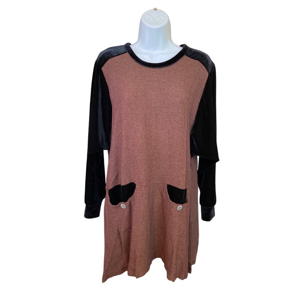 Look Tunic Top M Burgundy Black Velvet Pockets Artsy Lagenlook Boho Chic